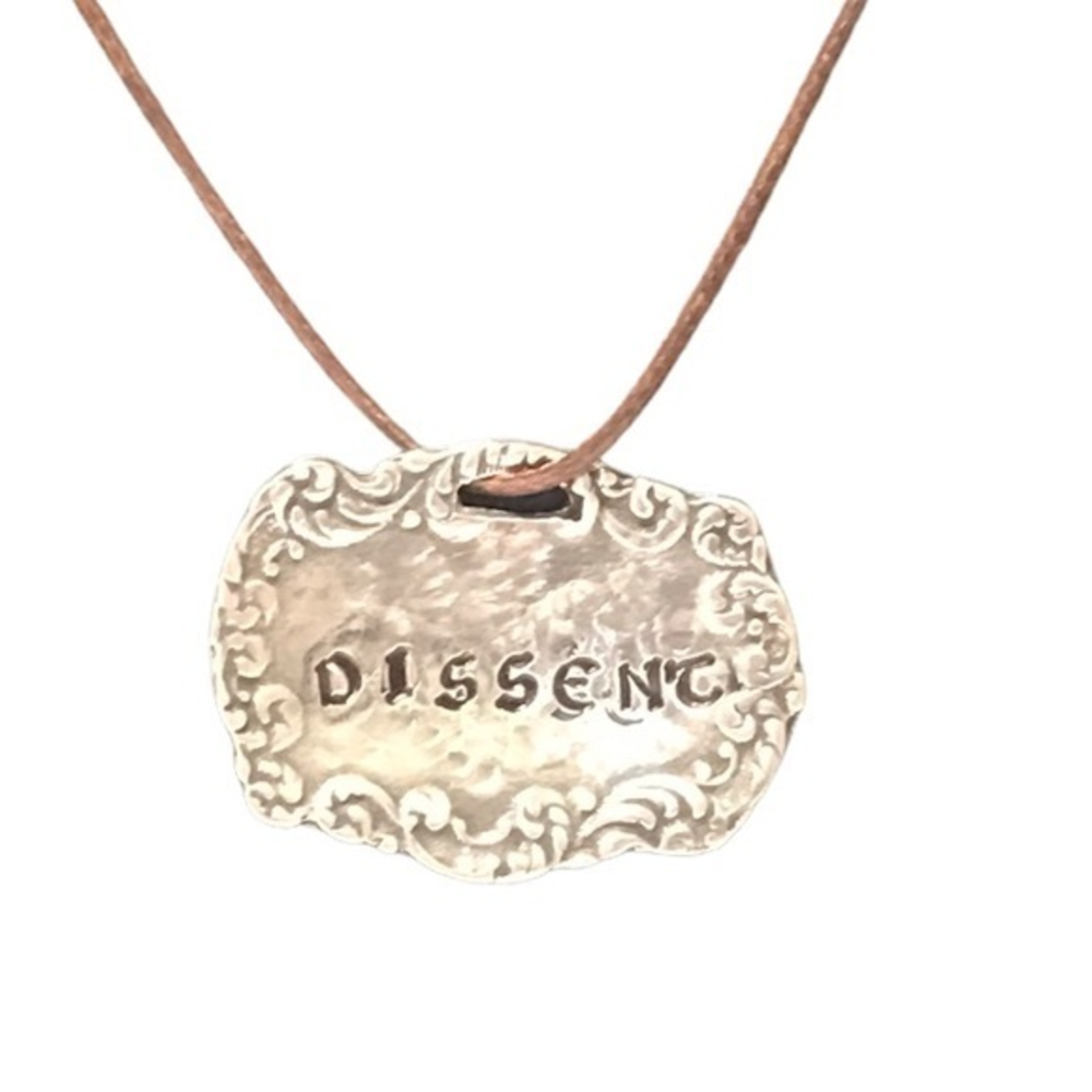 Handmade stamped silver pewter RBG memorial Dissent brown leather‎ cord necklace